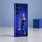 Virat Kohli batting photo mobile skin on royal blue, minimal blue studio