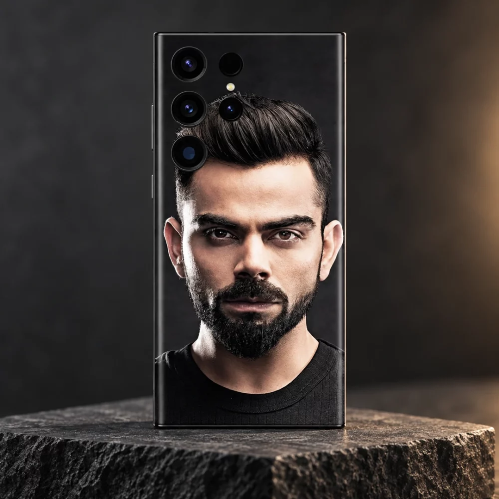 Virat Kohli Black Portrait Mobile Skin shown in a hero portrait studio setting
