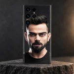 Virat Kohli Black Portrait Mobile Skin shown in a hero portrait studio setting