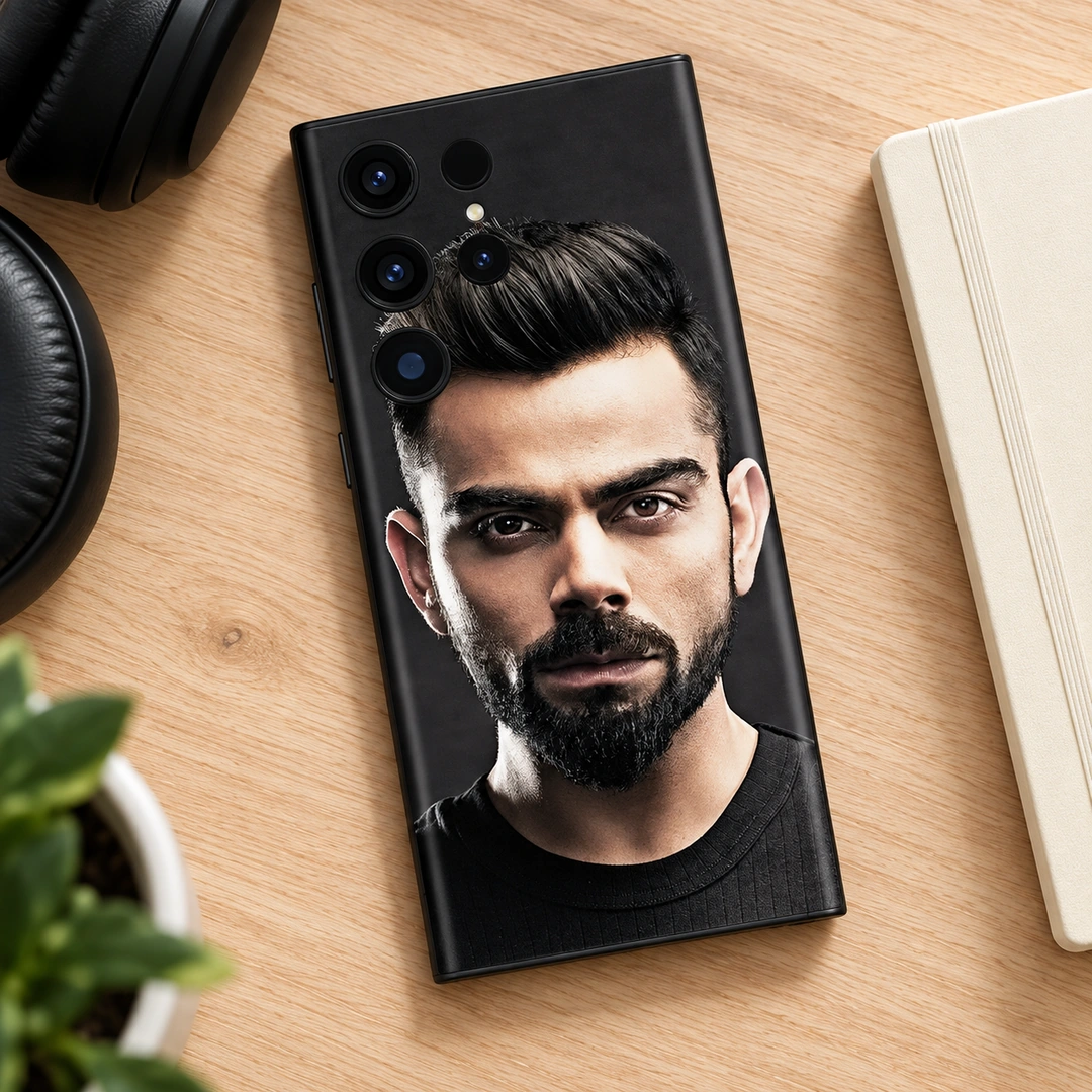 Virat Kohli Black Portrait Mobile Skin - Wood Flat Lay Virat Kohli Black Portrait Mobile Skin shown in a wood flat lay setting