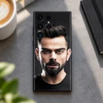 Virat Kohli Black Portrait Mobile Skin shown in a cafe desk setting