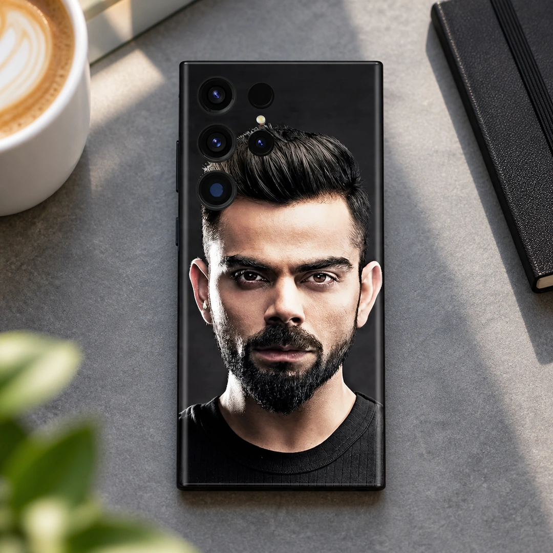 Virat Kohli Black Portrait Mobile Skin - Cafe Desk Virat Kohli Black Portrait Mobile Skin shown in a cafe desk setting