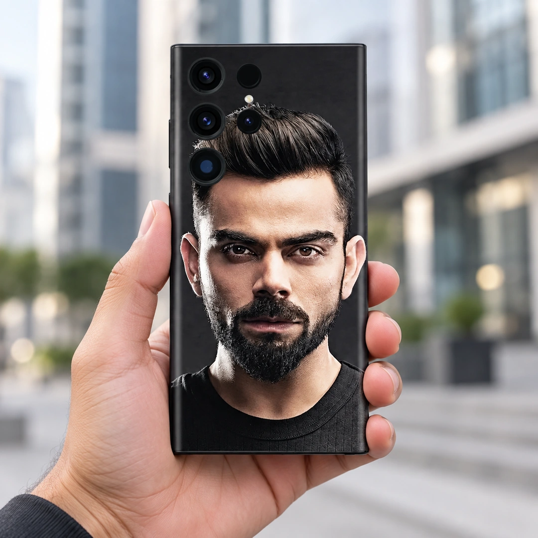 Virat Kohli Black Portrait Mobile Skin - City Handheld Virat Kohli Black Portrait Mobile Skin shown in a city handheld setting