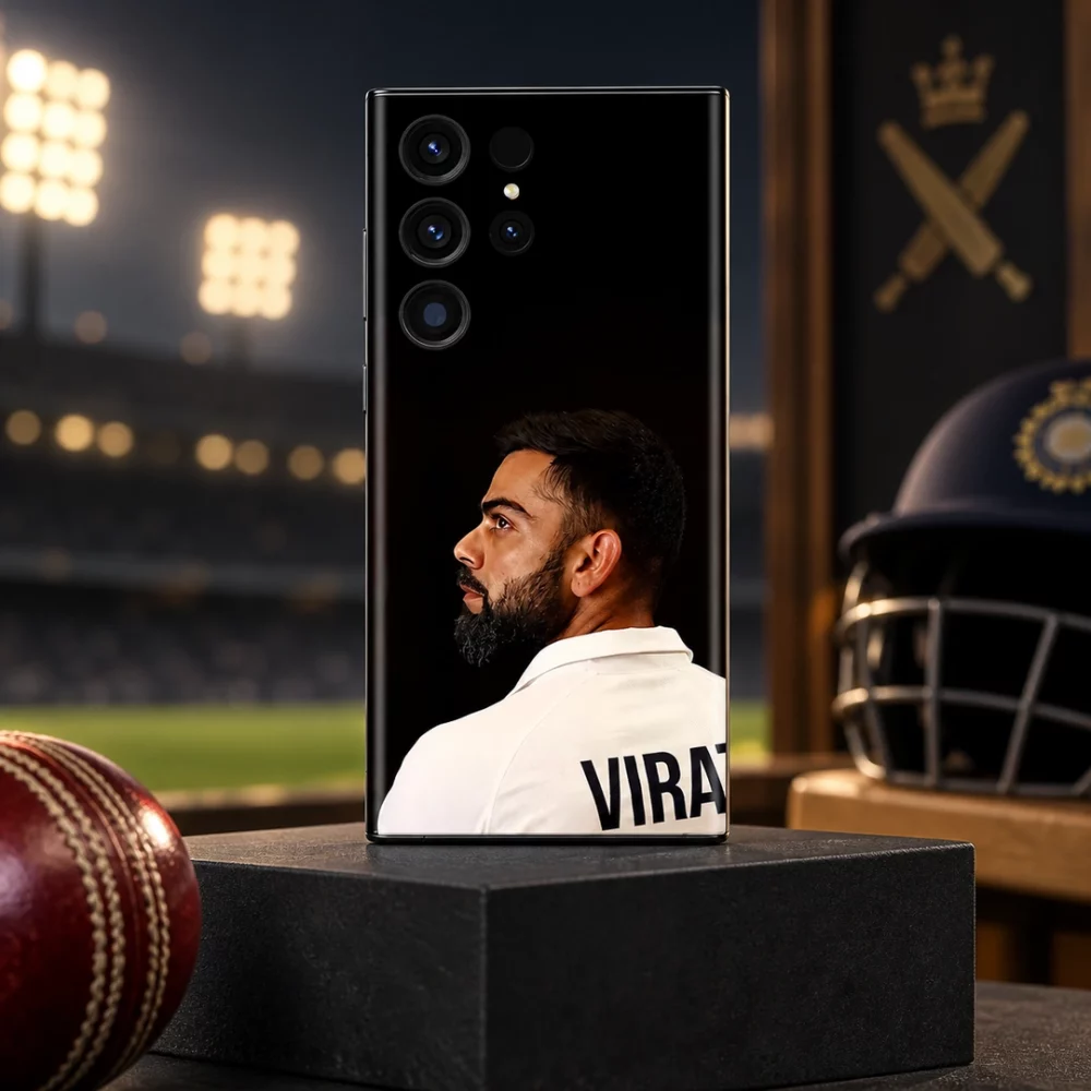 Virat Kohli black portrait mobile skin standing on a charcoal plinth in a cricket pavilion