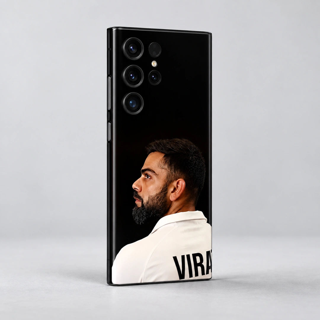 Virat Kohli Black Portrait Mobile Skin - Studio angle Virat Kohli black portrait mobile skin shown at a slight rear angle against a gray studio background