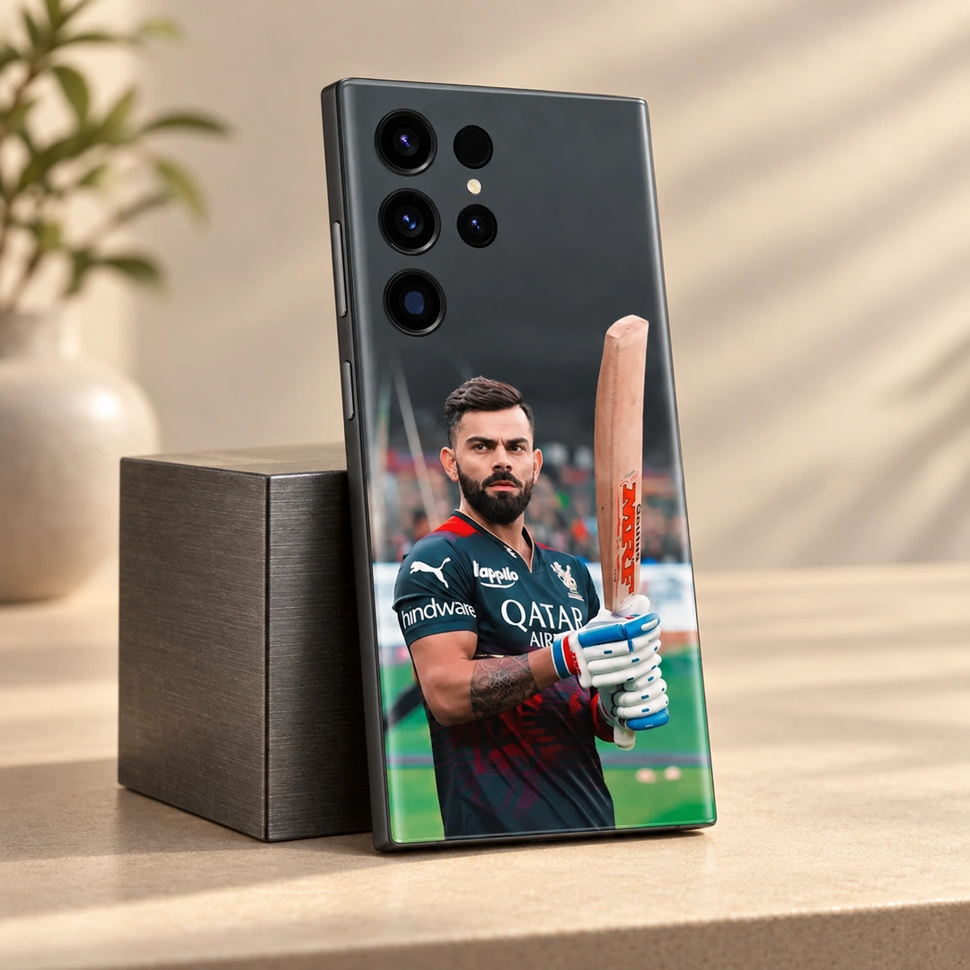 Virat Kohli Bat Portrait Mobile Skin - metal display stand Virat Kohli photo mobile skin showing bat portrait in black-and-red cricket jersey, metal display stand