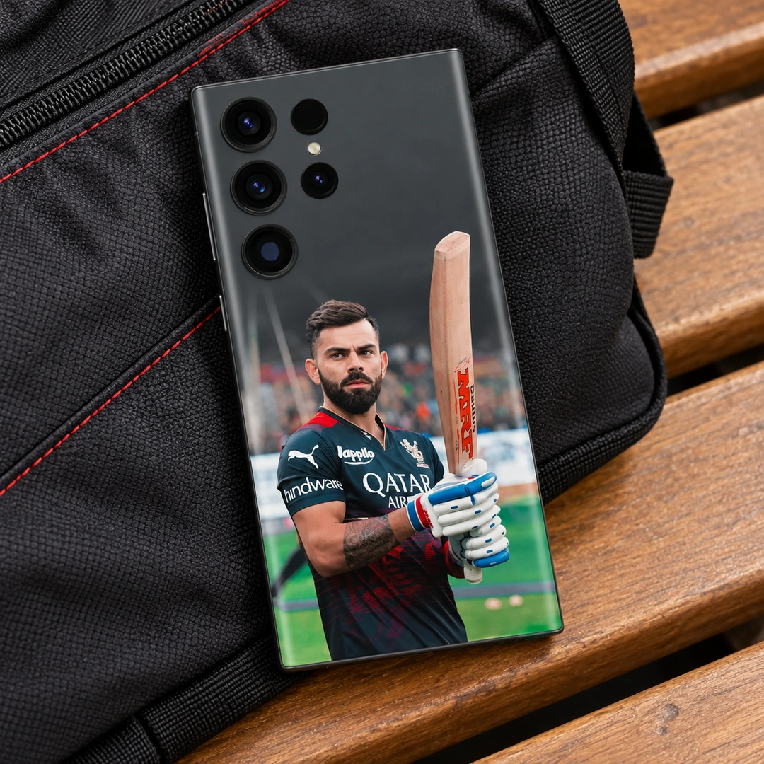 Virat Kohli Bat Portrait Mobile Skin - black sports bag Virat Kohli photo mobile skin showing bat portrait in black-and-red cricket jersey, black sports bag