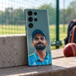 Virat Kohli blue cap portrait mobile skin standing on a bench beside cricket nets