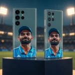 Virat Kohli blue cap portrait mobile skin shown on two display phones with stadium lights behind them