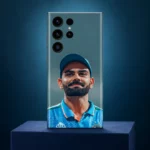 Virat Kohli blue cap portrait mobile skin standing on a navy plinth against a teal backdrop