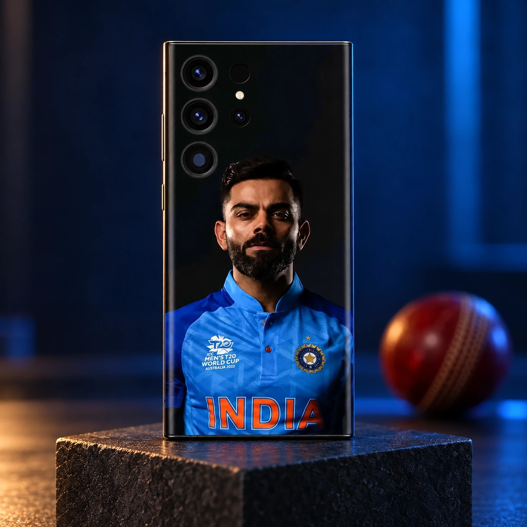Virat Kohli Blue India Portrait Skin – Blue studio hero Virat Kohli blue India jersey portrait mobile skin, blue studio hero