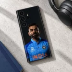 Virat Kohli blue India jersey portrait mobile skin, bright desk flat lay