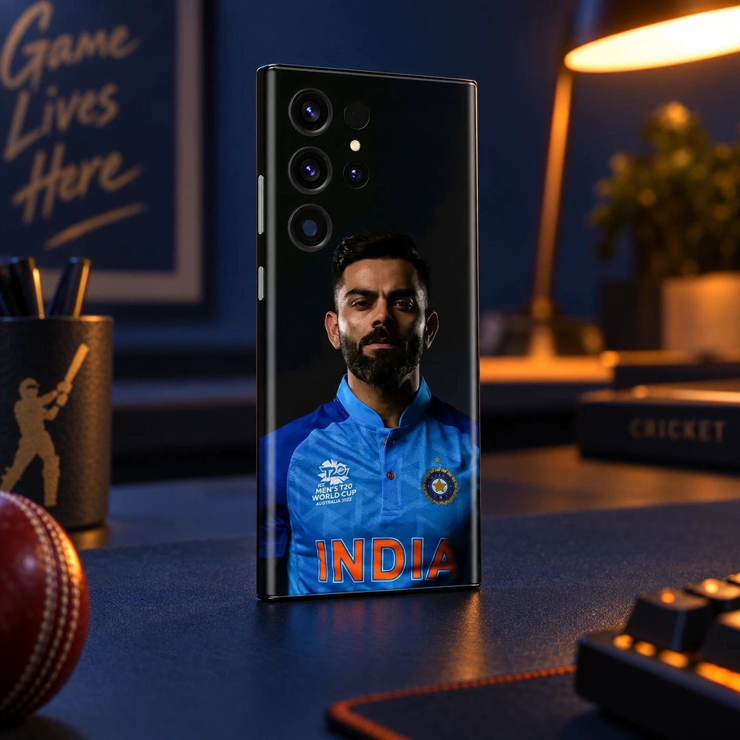 Virat Kohli Blue India Portrait Skin – Navy cricket desk Virat Kohli blue India jersey portrait mobile skin, navy cricket desk