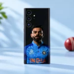 Virat Kohli blue India jersey portrait mobile skin, pale blue studio