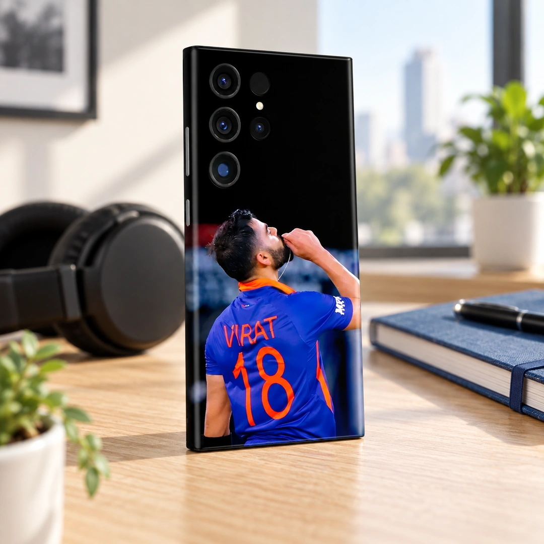 Virat Kohli Blue Jersey 18 Photo Mobile Skin - Oak Desk Angle Virat Kohli blue jersey 18 photo mobile skin - oak desk angle