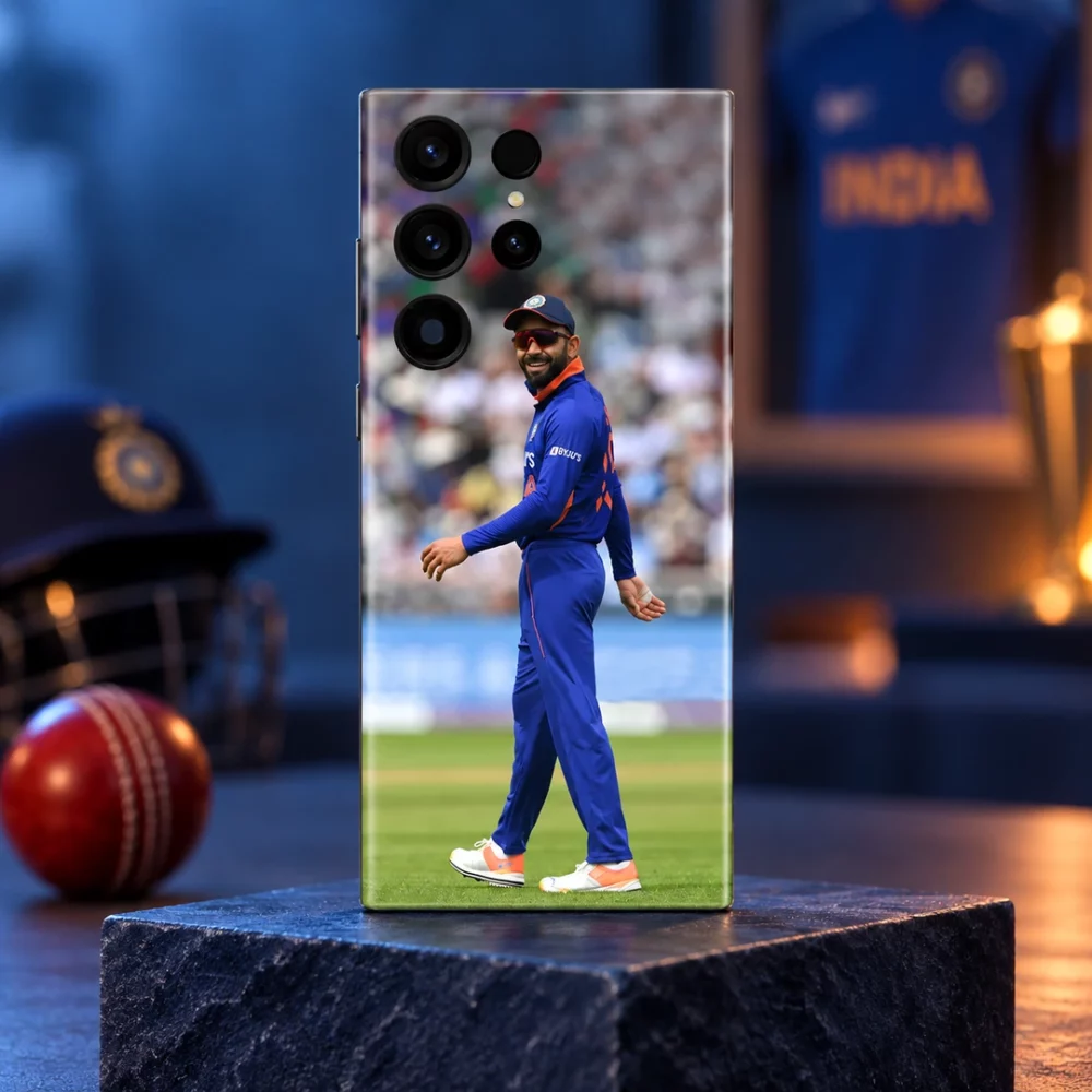 Virat Kohli Blue Jersey Photo Mobile Skin shown in a hero cricket studio setting