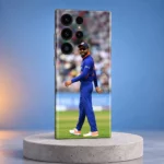 Virat Kohli Blue Jersey Photo Mobile Skin shown in a angled studio setting