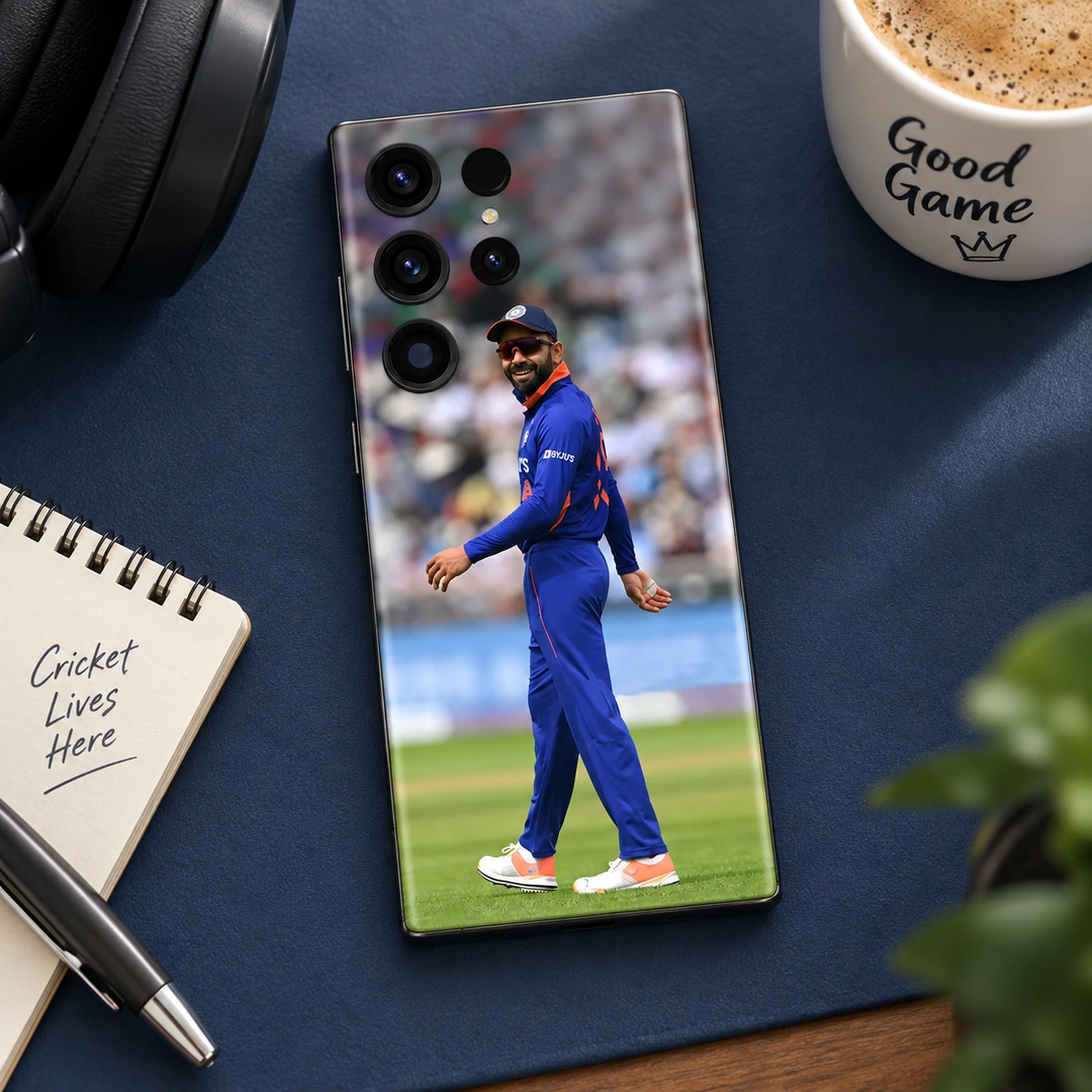 Virat Kohli Blue Jersey Photo Mobile Skin - Match Day Desk Virat Kohli Blue Jersey Photo Mobile Skin shown in a match day desk setting