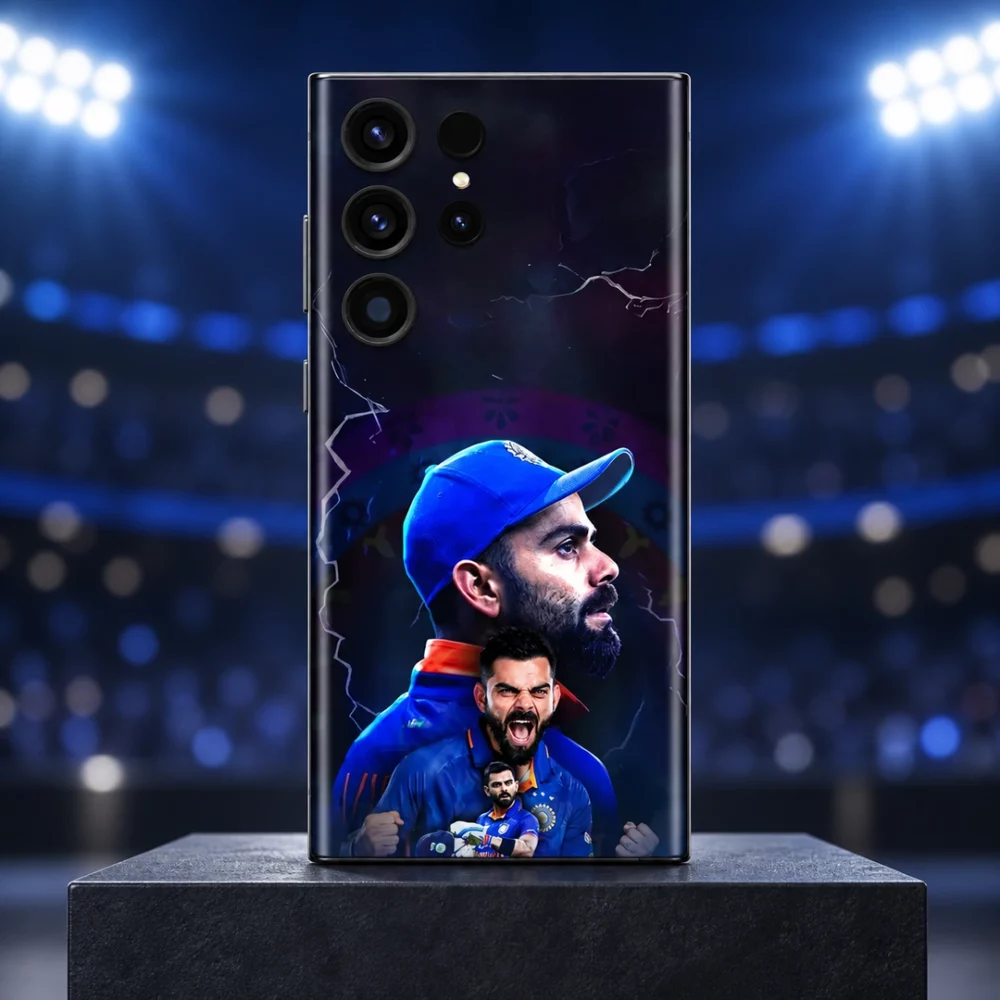 Virat Kohli mobile skin with three blue-kit portraits and dark lightning artwork, stadium hero