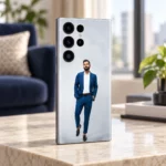 Blue suit Virat Kohli mobile skin standing on a pale stone console