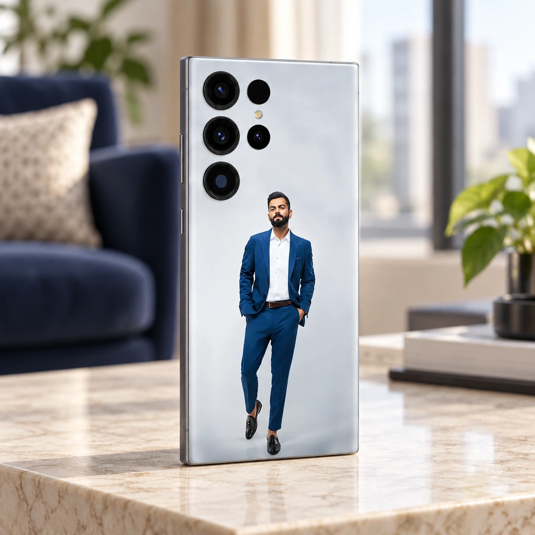 Virat Kohli Blue Suit Mobile Skin – apartment Blue suit Virat Kohli mobile skin standing on a pale stone console