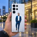 Hand holding Virat Kohli photo mobile skin outside a modern building