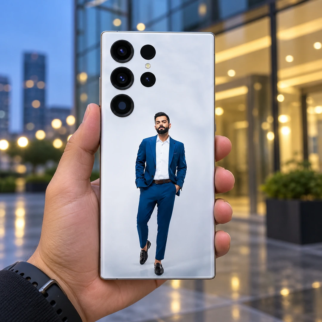 Virat Kohli Blue Suit Mobile Skin – handheld city Hand holding Virat Kohli photo mobile skin outside a modern building