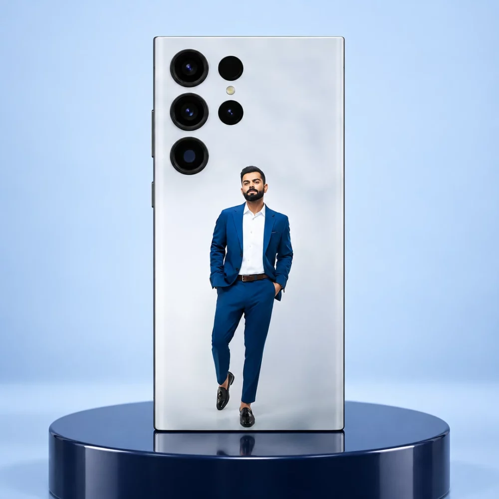 Virat Kohli blue suit portrait mobile skin on a navy display plinth