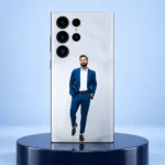 Virat Kohli blue suit portrait mobile skin on a navy display plinth