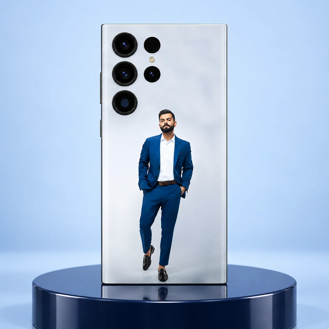 Virat Kohli Blue Suit Mobile Skin – hero Virat Kohli blue suit portrait mobile skin on a navy display plinth
