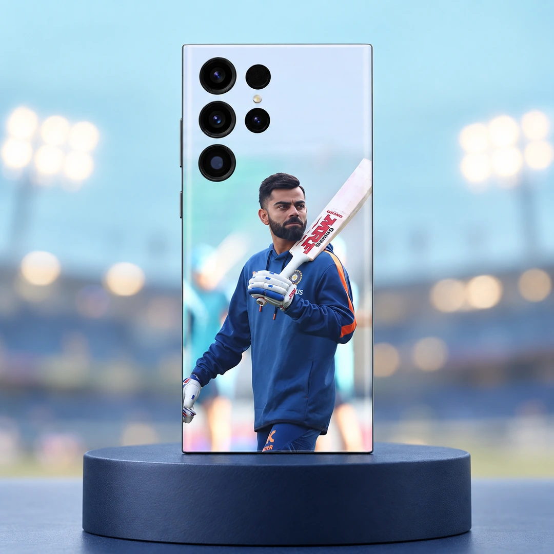 Virat Kohli Blue Training Photo Mobile Skin - Cool Stadium Pedestal Hero Virat Kohli mobile skin with blue training kit and bat, cool stadium pedestal hero