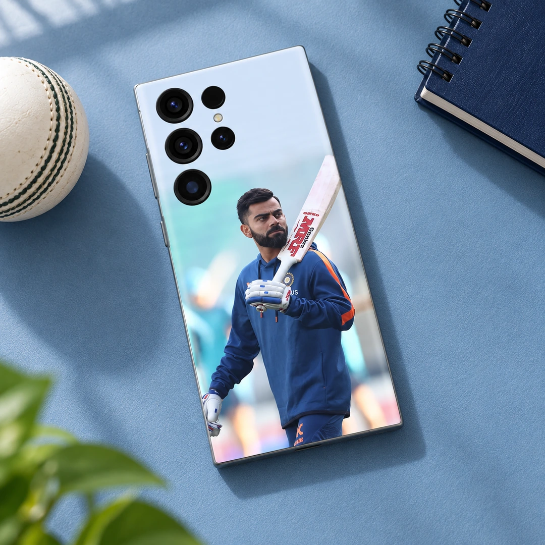 Virat Kohli Blue Training Photo Mobile Skin - Blue Desk Flat Lay Virat Kohli mobile skin with blue training kit and bat, blue desk flat lay