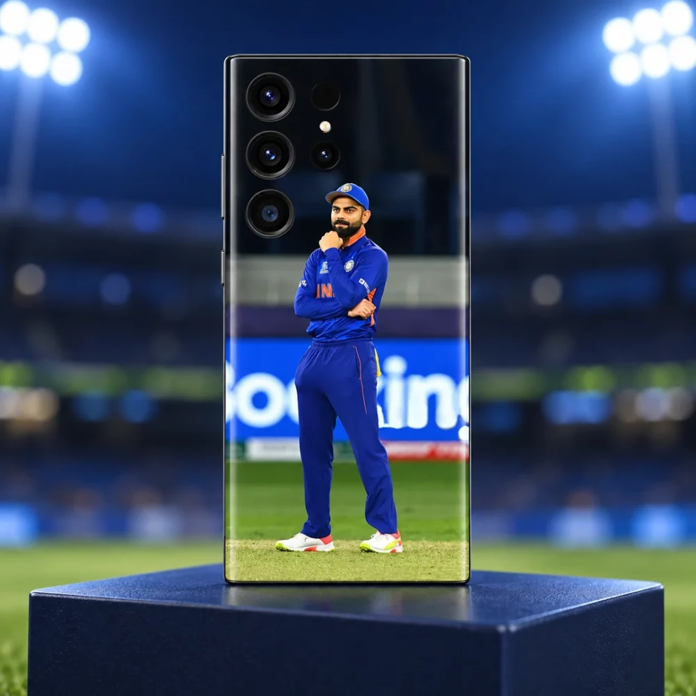 Virat Kohli full-body field photo mobile skin in blue cricket uniform, stadium hero