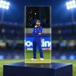 Virat Kohli full-body field photo mobile skin in blue cricket uniform, stadium hero
