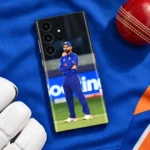 Virat Kohli full-body field photo mobile skin in blue cricket uniform, cricket kit flat lay