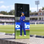 Virat Kohli full-body field photo mobile skin in blue cricket uniform, pavilion side angle