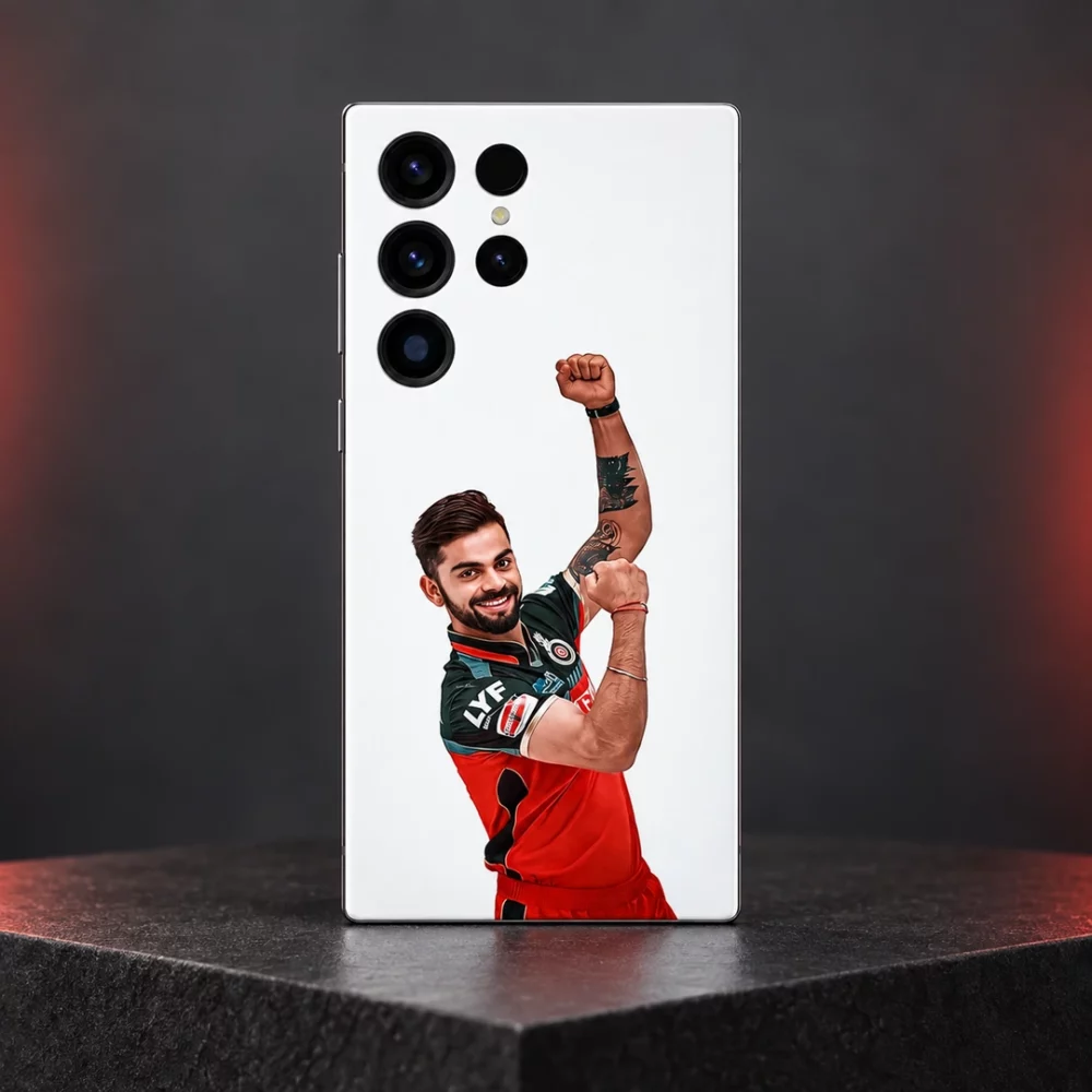 Virat Kohli photo mobile skin with raised-fist celebration on white, charcoal studio hero