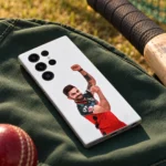 Virat Kohli photo mobile skin with raised-fist celebration on white, outdoor cricket view