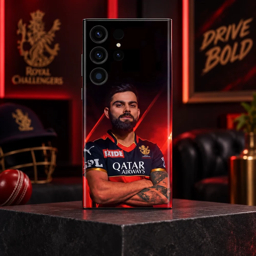 Virat Kohli crossed-arms portrait mobile skin in red and black, lounge hero