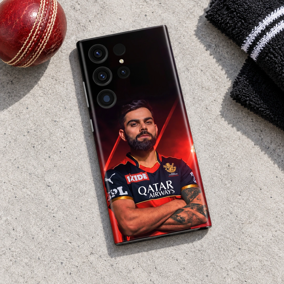 Virat Kohli Crossed Arms Portrait Mobile Skin - Red & Black - Cricket Flat Lay Virat Kohli crossed-arms portrait mobile skin in red and black, cricket flat lay