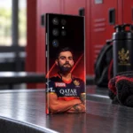 Virat Kohli crossed-arms portrait mobile skin in red and black, locker view