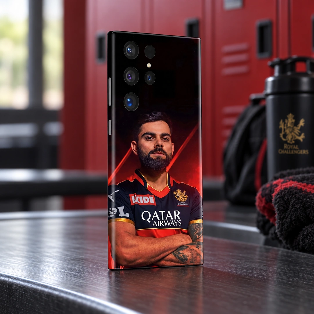 Virat Kohli Crossed Arms Portrait Mobile Skin - Red & Black - Locker View Virat Kohli crossed-arms portrait mobile skin in red and black, locker view