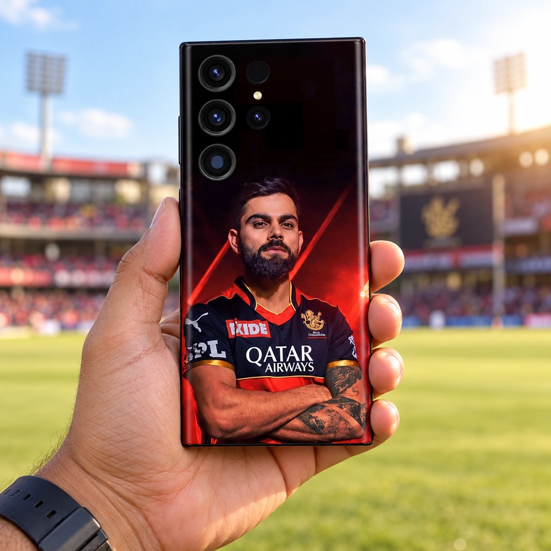 Virat Kohli Crossed Arms Portrait Mobile Skin - Red & Black - Stadium Handheld Virat Kohli crossed-arms portrait mobile skin in red and black, stadium handheld