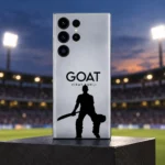 Silver-gray Virat Kohli GOAT mobile skin with black cricketer silhouette, stadium dusk hero