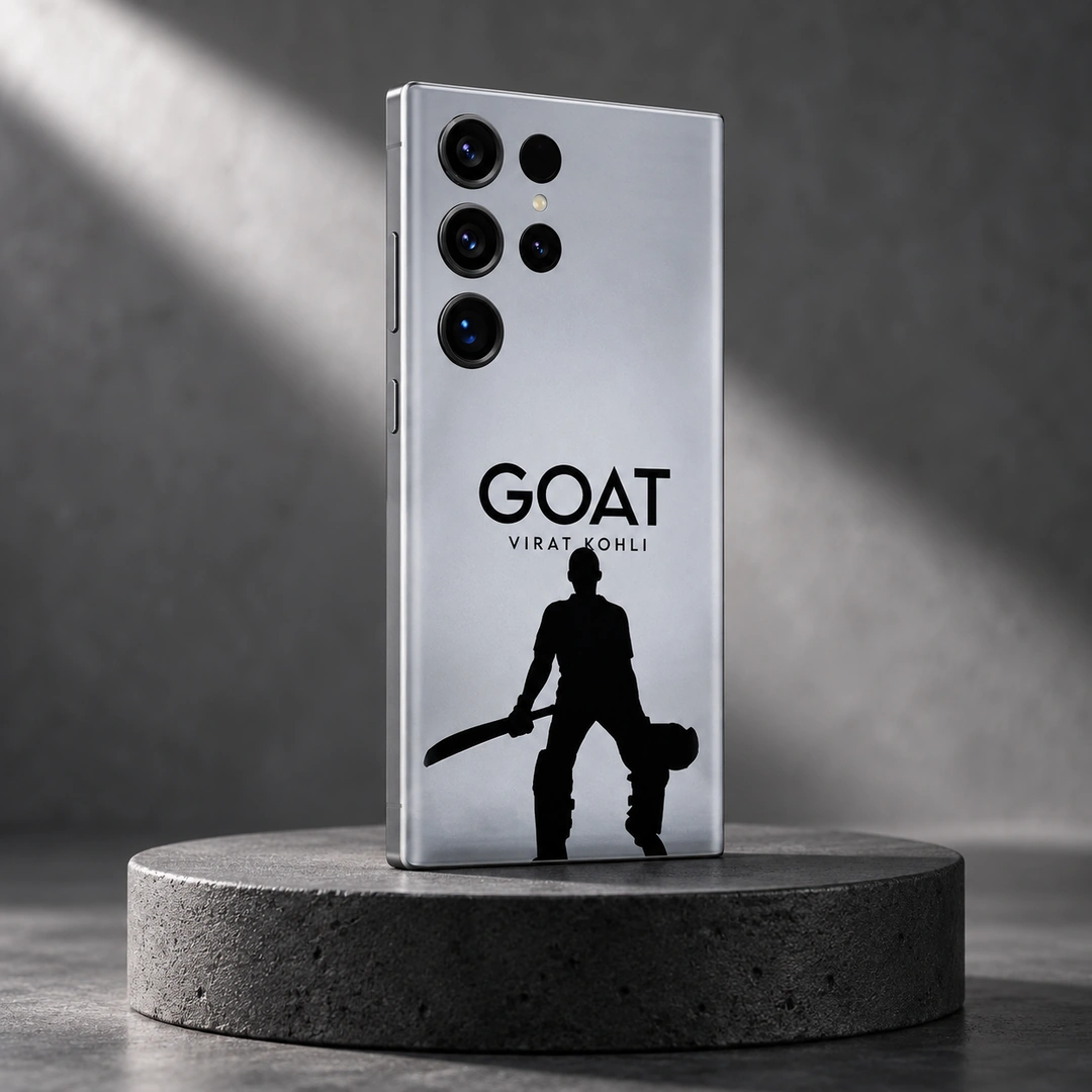 Virat Kohli GOAT Mobile Skin – monochrome studio angle Silver-gray Virat Kohli GOAT mobile skin with black cricketer silhouette, monochrome studio angle