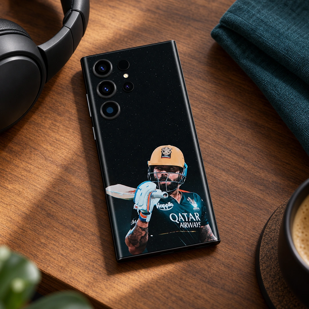 Virat Kohli Gold Helmet Mobile Skin - Cafe Tabletop Virat Kohli mobile skin with gold helmet and bat portrait on black, cafe tabletop