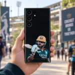 Virat Kohli mobile skin with gold helmet and bat portrait on black, cricket ground lifestyle