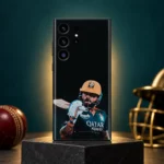 Virat Kohli mobile skin with gold helmet and bat portrait on black, teal and gold hero