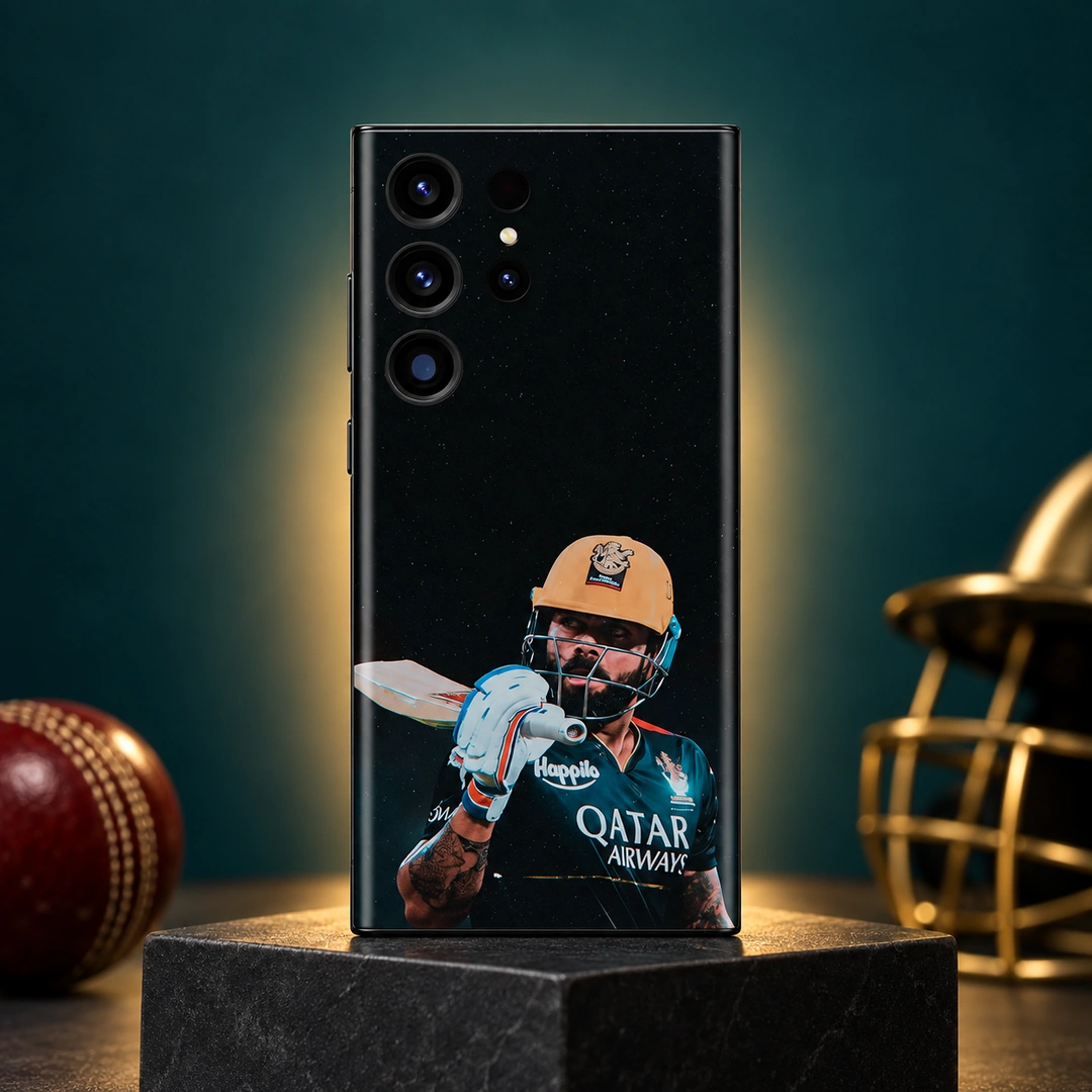 Virat Kohli Gold Helmet Mobile Skin - Teal and Gold Hero Virat Kohli mobile skin with gold helmet and bat portrait on black, teal and gold hero