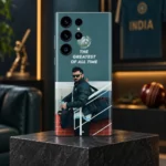Virat Kohli photo phone skin with THE GREATEST OF ALL TIME quote, teal lounge hero
